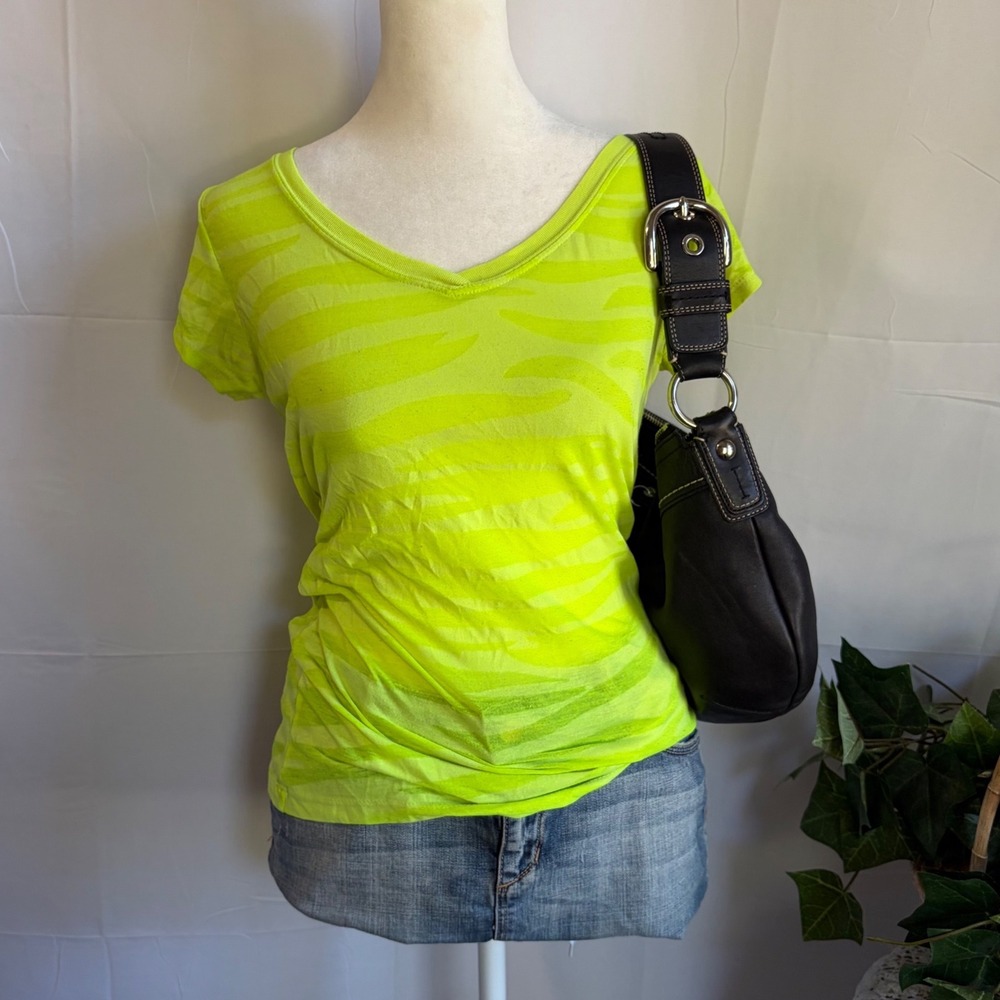 Neon Lime Green Zebra Print V-Neck T-Shirt Y2K Scene Burnout Top Womens Large